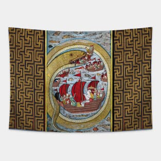 A MONSTRUOUS SEA SERPENT DEVOURING THE ROYAL FLEET Antique Indian Miniature Tapestry