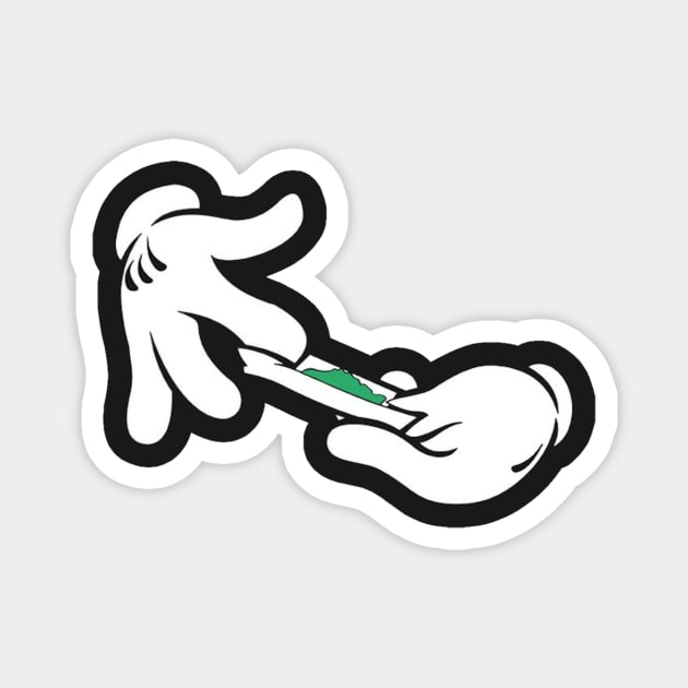 Hand of a well-known mouse rolling a green cigarette Magnet by euror-design