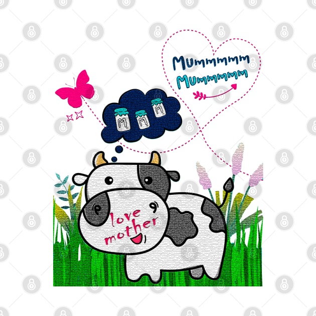 Happy Mother's Day. I love you mom. Drawing of a cow in the field with small milk bottles. by Rebeldía Pura