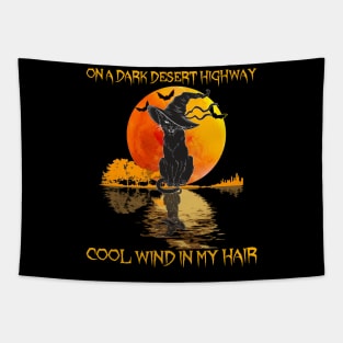 Black Cat Witch Hat On A Dark Desert Highways Halloween Shirt Tapestry