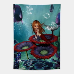 Cute mermaid in the deep ocean Tapestry