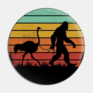 Bigfoot Sasquatch Walking An Ostrich Vintage Sunset Bird Lover Pin