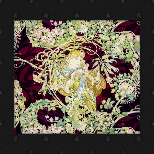 Woman with Daisy Among Flowers ,Wild Roses,Floral Swirls Art Nouveau Portrait by BulganLumini