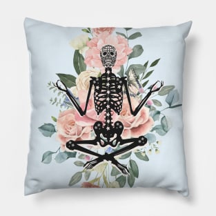 Meditating Skeleton Floral Background Pillow