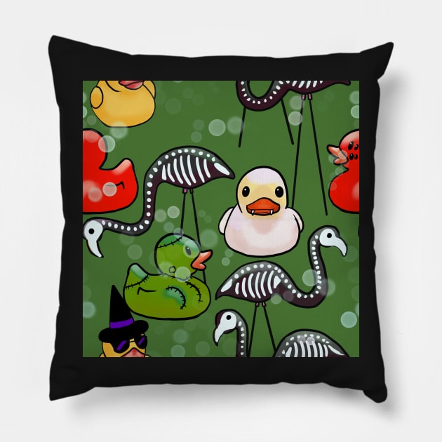 Spooky Halloween Rubber Ducks and Pink Flamingo Skeletons Frankenstein Green Pillow by JamieWetzel