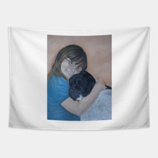 Cute black and white akita cuddling best friend Tapestry