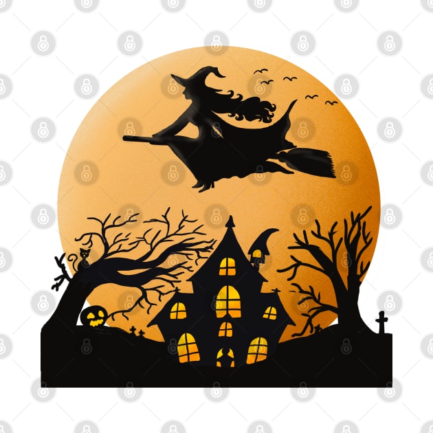 Flying Witch Moon Orange Haunted House Halloween Present & Gift by The Little Store Of Magic