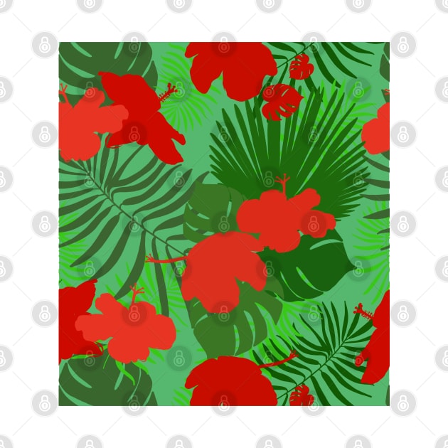 Hand drawn hibiscus, tropical leaves red and green pattern by GULSENGUNEL