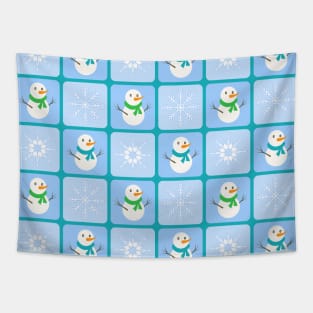 Winter checkered pattern snowflakes and snowman Tapestry