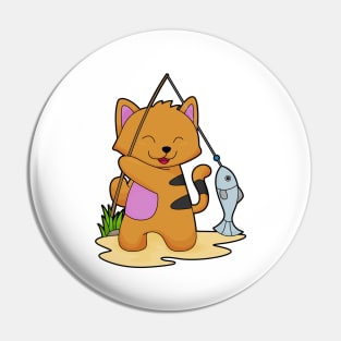 Cat as Fisher with Fishing rod & Fish Pin