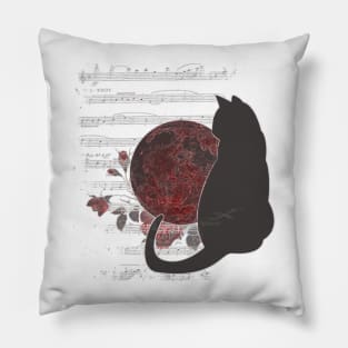 Art, cat, darkness, dark, moon, roses, cats, notes sky, stars, touch, gift, love, romantic, aesthetic, vintage, retro, music, gift, clouds, flowers Pillow