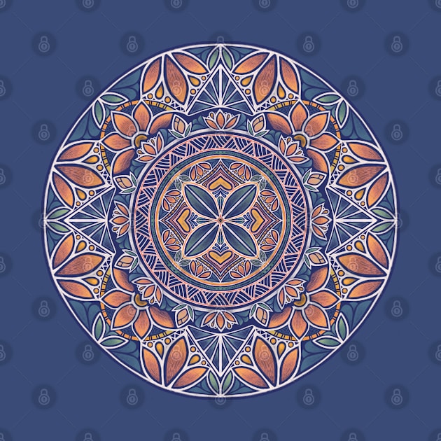 Floral Star Pacific Mandala white on blue by AprilAppleArt