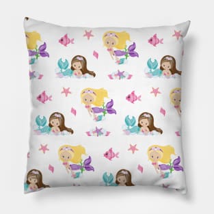 Kawaii Blonde and Brunette Mermaid with Flowers and Starfish Pillow