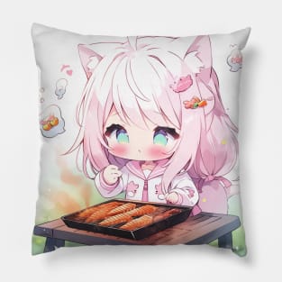 chibi cat girl grill fish Pillow