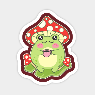 Mashroom-Headed Frog With Coffee Cup Kawaii Toad Magnet