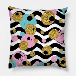 Black Waves and Blue Pink Gold Dots Pillow