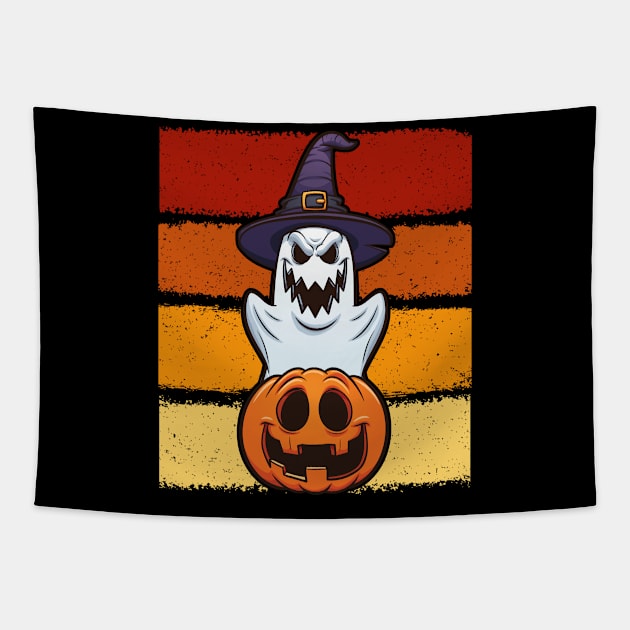 Ghost with Witch Hat Jack O Lantern Pumpkin Halloween Tapestry by Kali Space