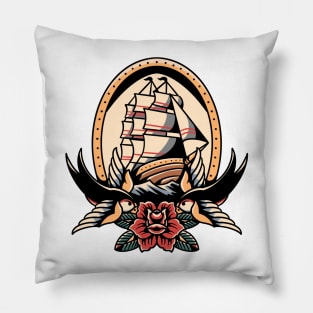 swallow and ship tattoo Pillow