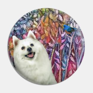 Japanese Spitz and Bluebird in "Forest in Bloom" Pin