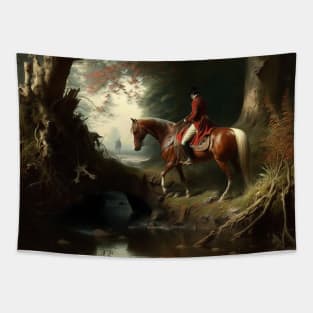 Antique Oil Painting of Man On Horse In Woods Tapestry