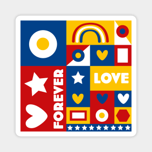 80s inspired Forever Love Pop Art Design - Red, Yellow, Blue and White by Rene Dauphine Magnet