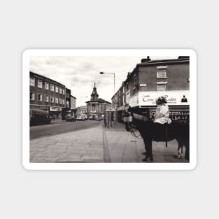 Police horse on duty during a football match - Burslem, Stoke on Trent, UK, 1996 Magnet