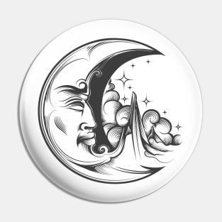 Crescent Moon with face Esoteric Symbol Engraving tattoo. Pin