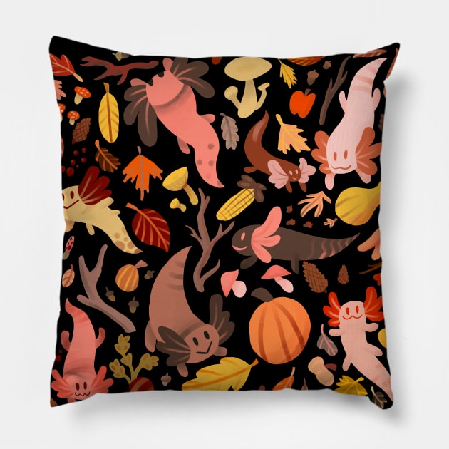 Cute Autumn Leaves Axolotl Pattern Pillow by narwhalwall