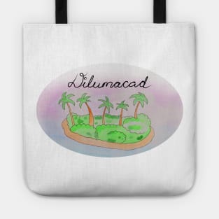 Dilumacad watercolor Island travel, beach, sea and palm trees. Holidays and vacation, summer and relaxation Tote