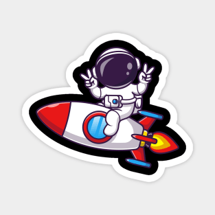 Astronaut Riding Rocket With Peace Hand Cartoon Magnet