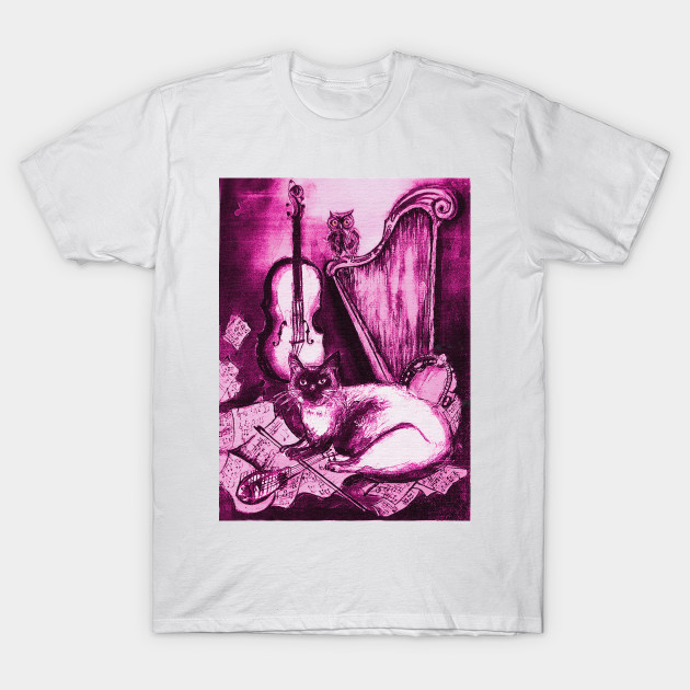 Musical Cat And Owl With Music Instruments In Pink Fuchsia Purple