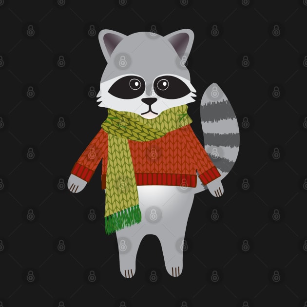 Woodland raccoon in a winter sweater and scarf by Jennifer Ladd