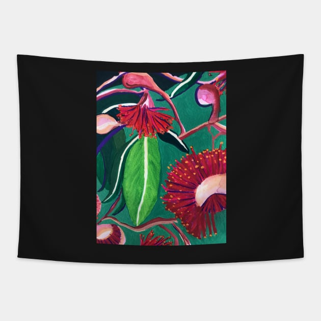 Native Australian Gum Flowers and Leaves Design in Red and Green by Leah Gay Tapestry by leahgay