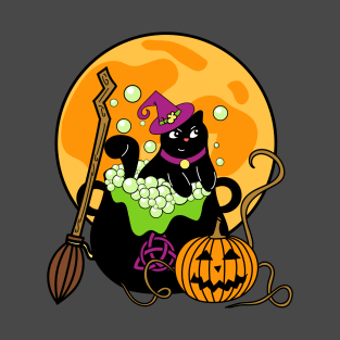 Witch Cat with Broomstick and Cauldron for Halloween T-Shirt