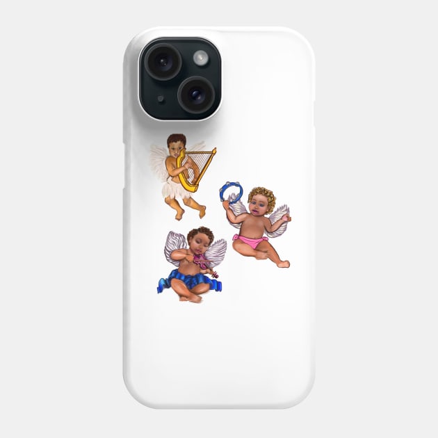 Orchestra of Curly haired Angels playing the tambourine, violin and harp - blissful Sun kissed curly haired Baby cherub angel classical art Phone Case by Artonmytee