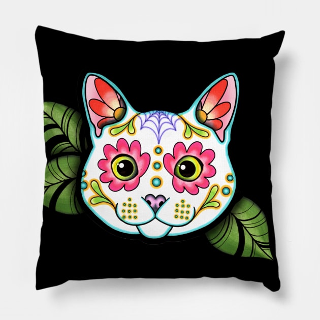 White Cat - Day of the Dead Sugar Skull Kitty Pillow by prettyinink