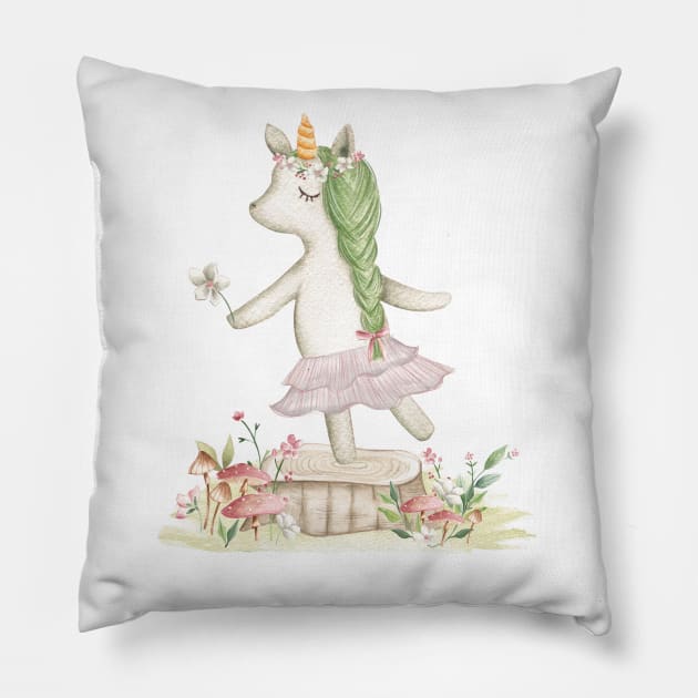 Unicorn dancing among flowers and mushrooms - watercolour Pillow by Vallia Rose