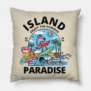 Island Paradise Flamingo  Surfing Beach Pillow