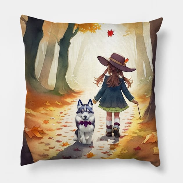 child hanging out with a dog. Pillow by MeriemBz