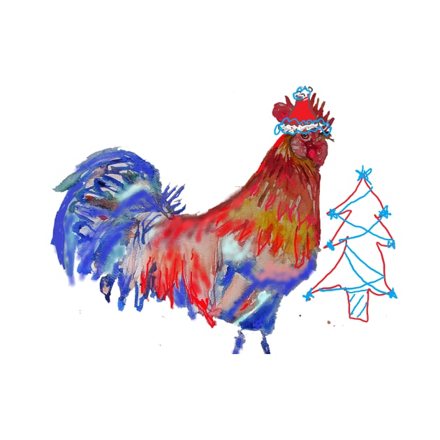 Christmas Rooster Watercolor Painting by SarahRajkotwala