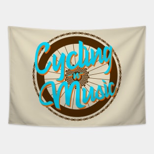 Cycling and music lettering design over a bicycle wheel and chains Tapestry