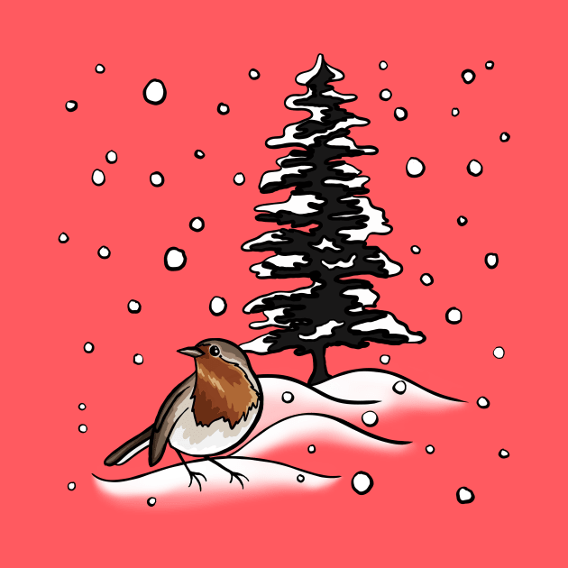 Robin and Snow Covered Trees Digital Illustration by AlmightyClaire