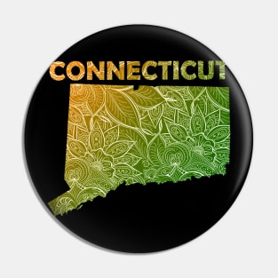 Colorful mandala art map of Connecticut with text in green and orange Pin