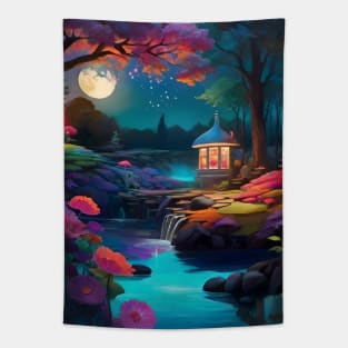 Enchanted Evening at a Tranquil Riverside Gazebo Under a Full Moon Tapestry