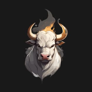 White Farm Bull Head with Horns and Fire T-Shirt