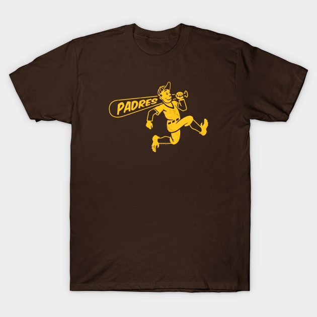 deadmansupplyco Vintage Running Baseball Player - San Diego Padres (Yellow Padres Wordmark) T-Shirt