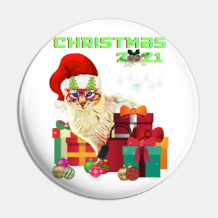 Merry Christmas 2021, Cat with a hat, Christmas gift Pin