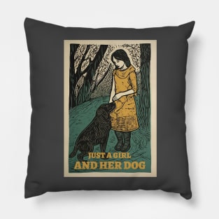 Just a girl and her dog, vintage, retro illustration Pillow