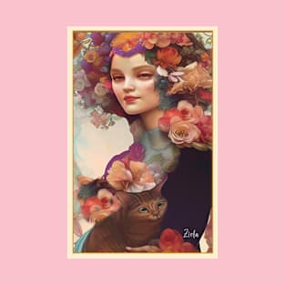 Floral art of painting of girl with cat flowers and roses T-Shirt