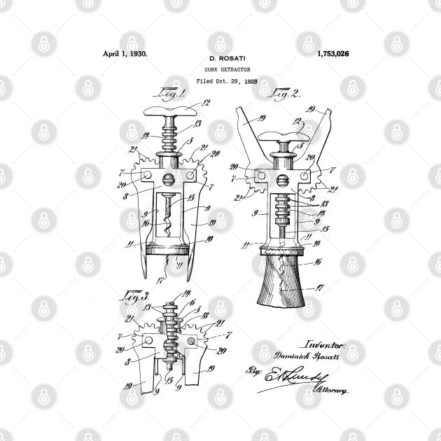 Cork Screw Patent - Wine Art - Black And White by patentpress